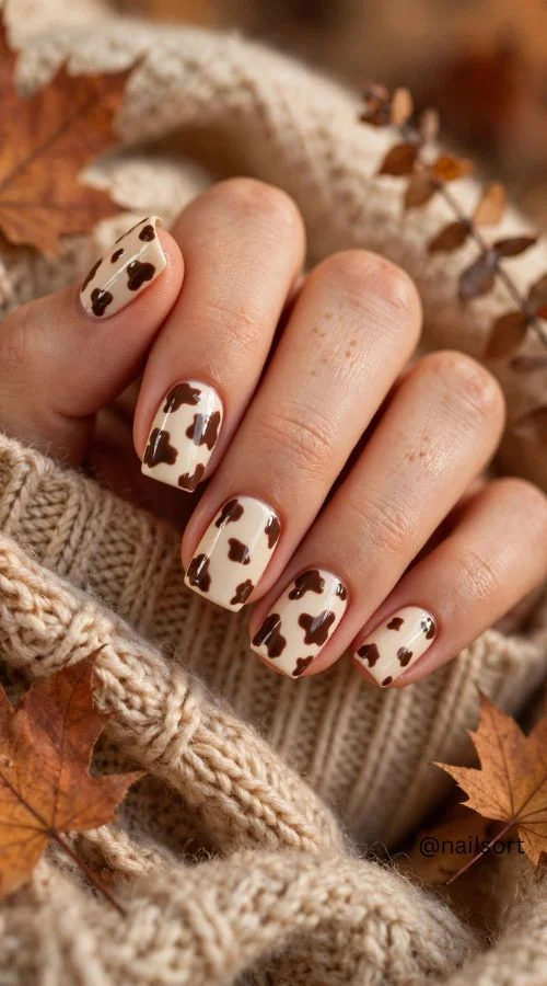 Brown and Cream Cow Print Nails
