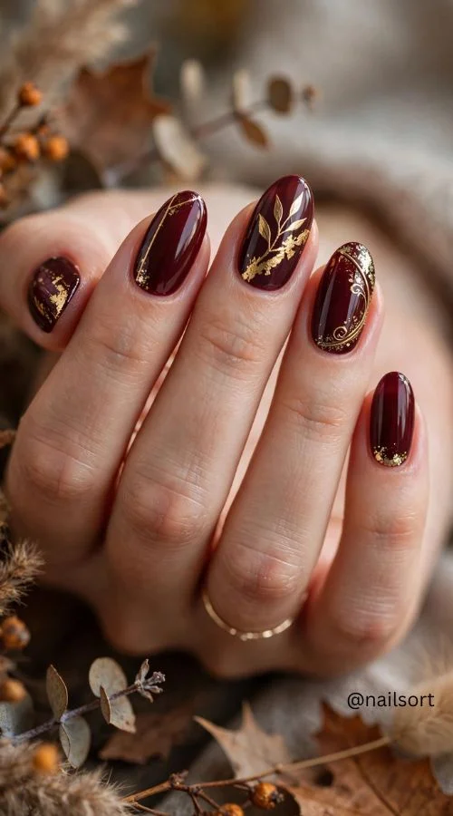 Burgundy and Gold Nails 