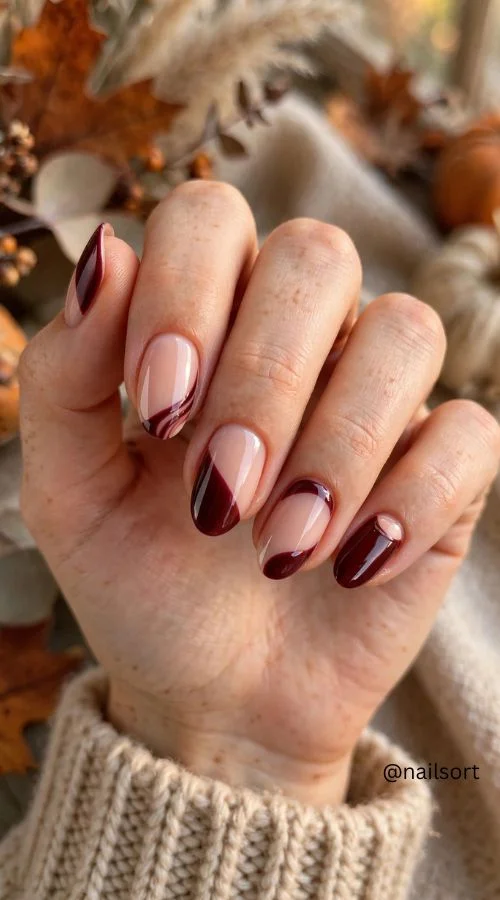 Burgundy and Nude Acrylic Nails