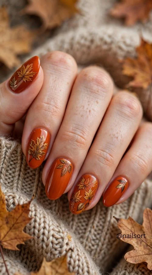 Burnt Orange Leaf Nails