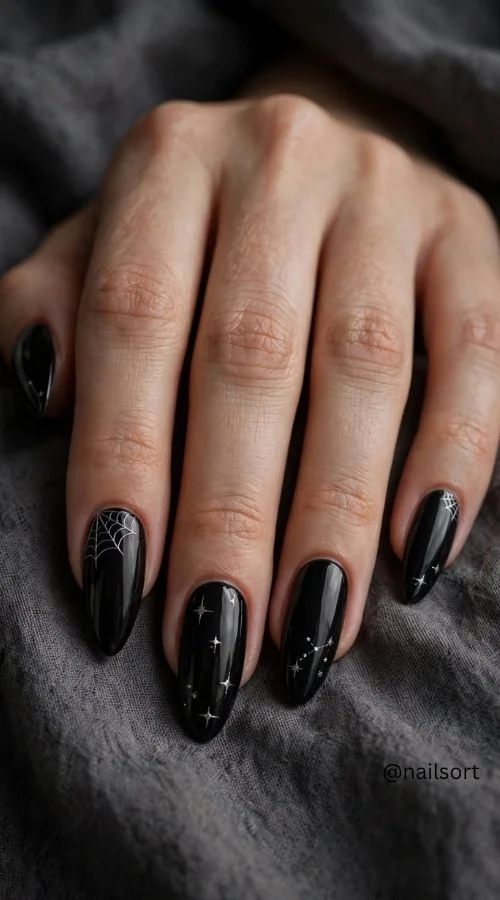 Classic Black Halloween Almond Nails
