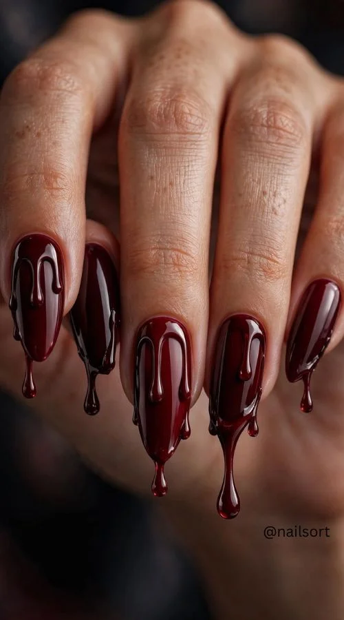 Dark Red Drip Nails