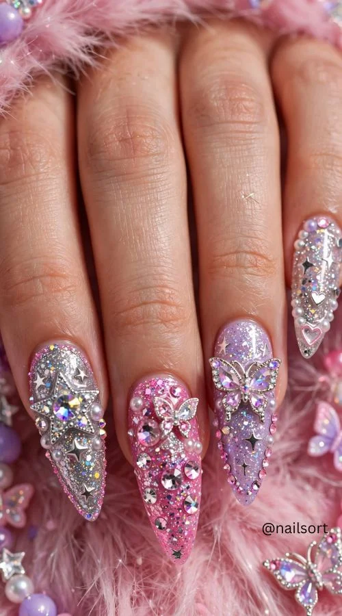 Glitter and Rhinestone Y2K Nails