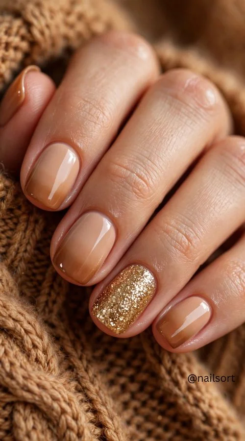 Gold Glitter Accent Nails 