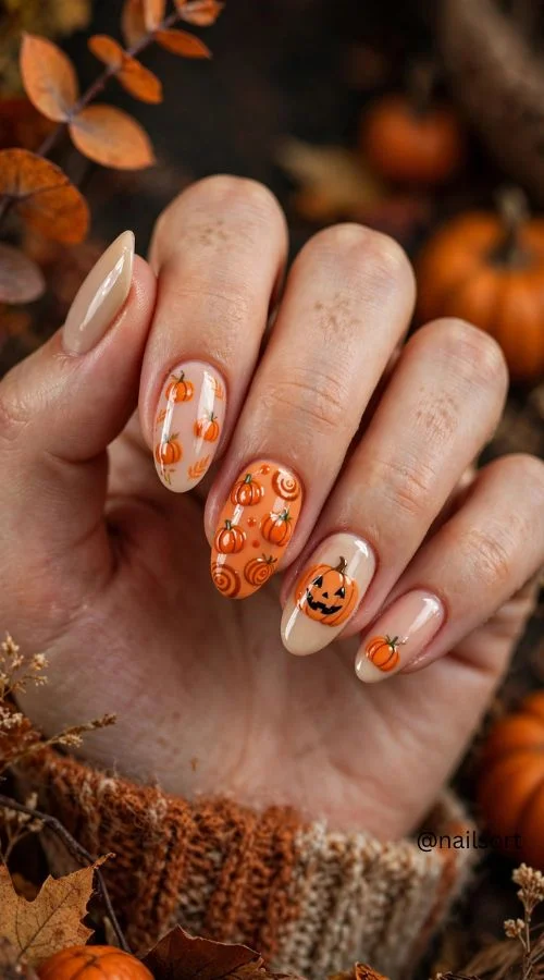 Halloween Pumpkin Face Nails
