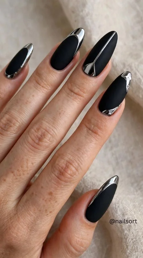 Matte Black and Chrome Almond Nails