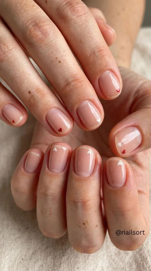 Nude Nails With Tiny Hearts
