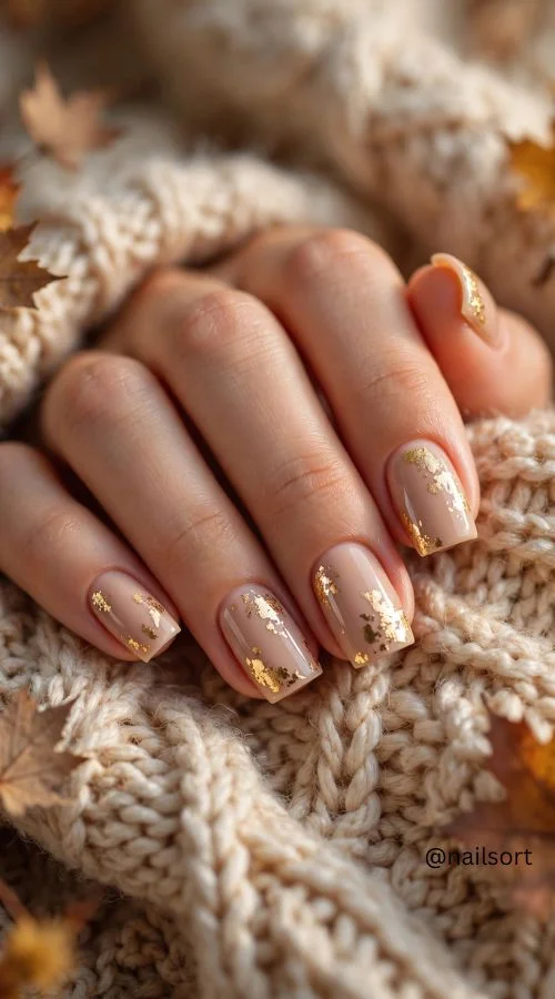 Nude Square Nails With Gold Foil