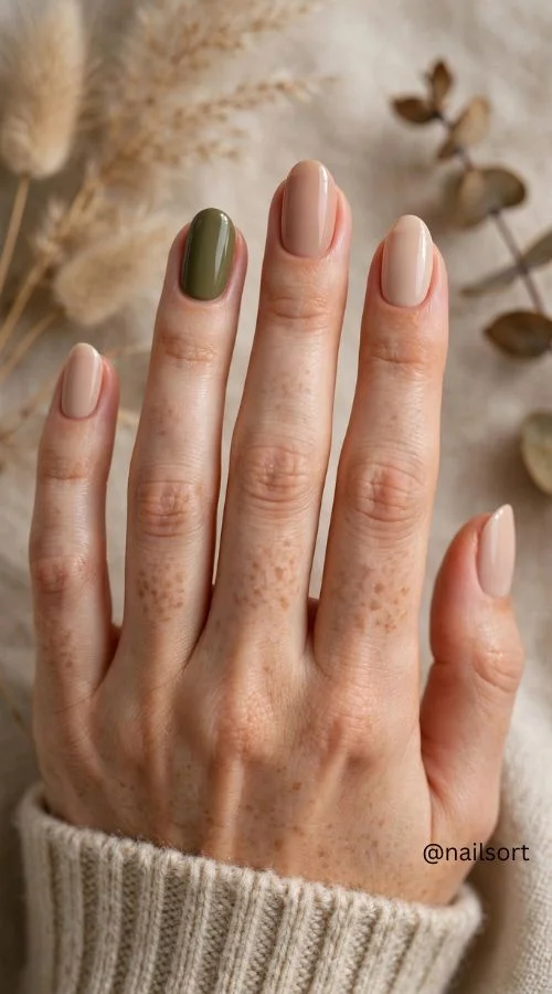 Olive Green Accent Nails