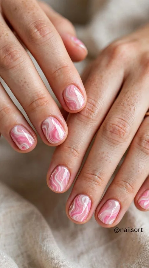 Pink and White Swirl Nails
