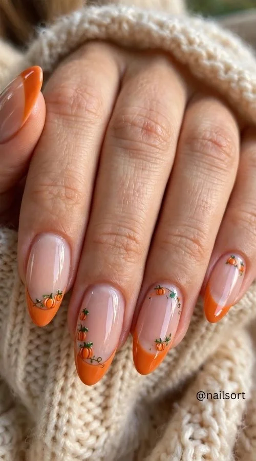 Pumpkin French Tip Almond Nails