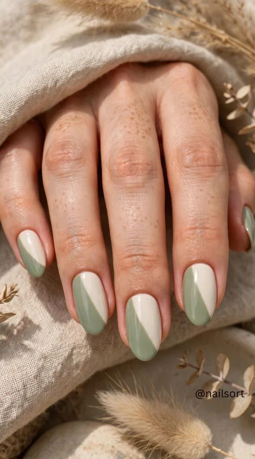 Sage Green and Cream Nails