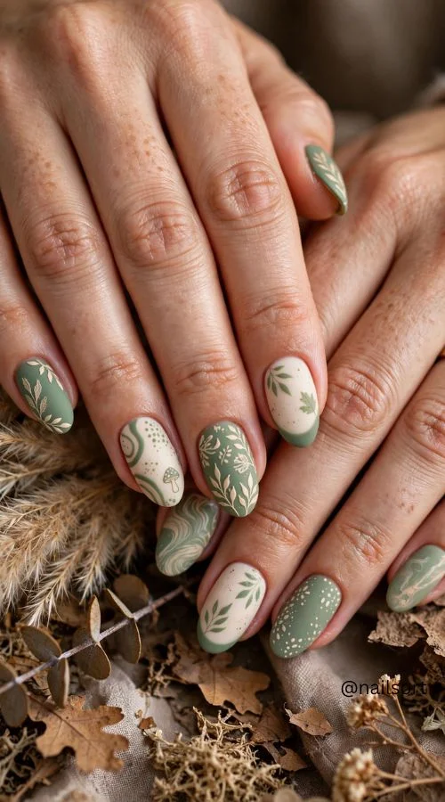 Sage Green and Cream Nails