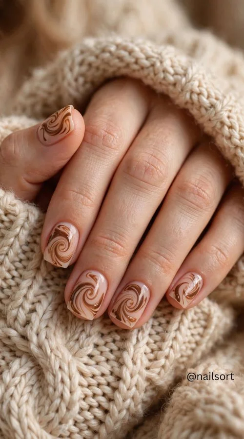 Short Latte Swirl Nails
