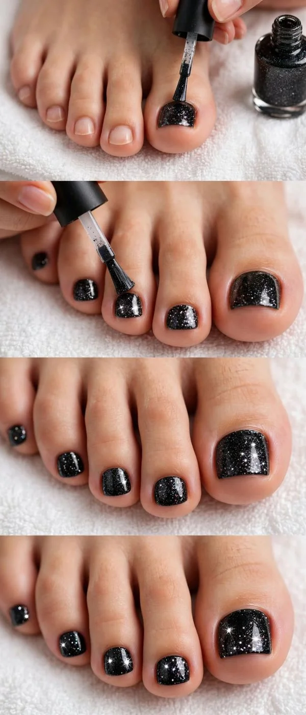 Black Glitter Toes Pedicure